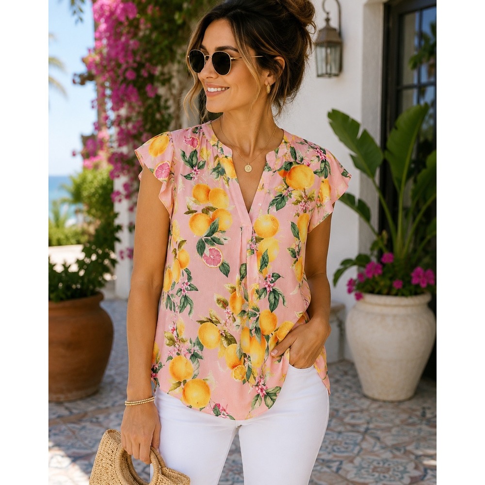 Joie Pink Lemon Citrus Print V-Neck Blouse XL Flutter Sleeve Summer Top
